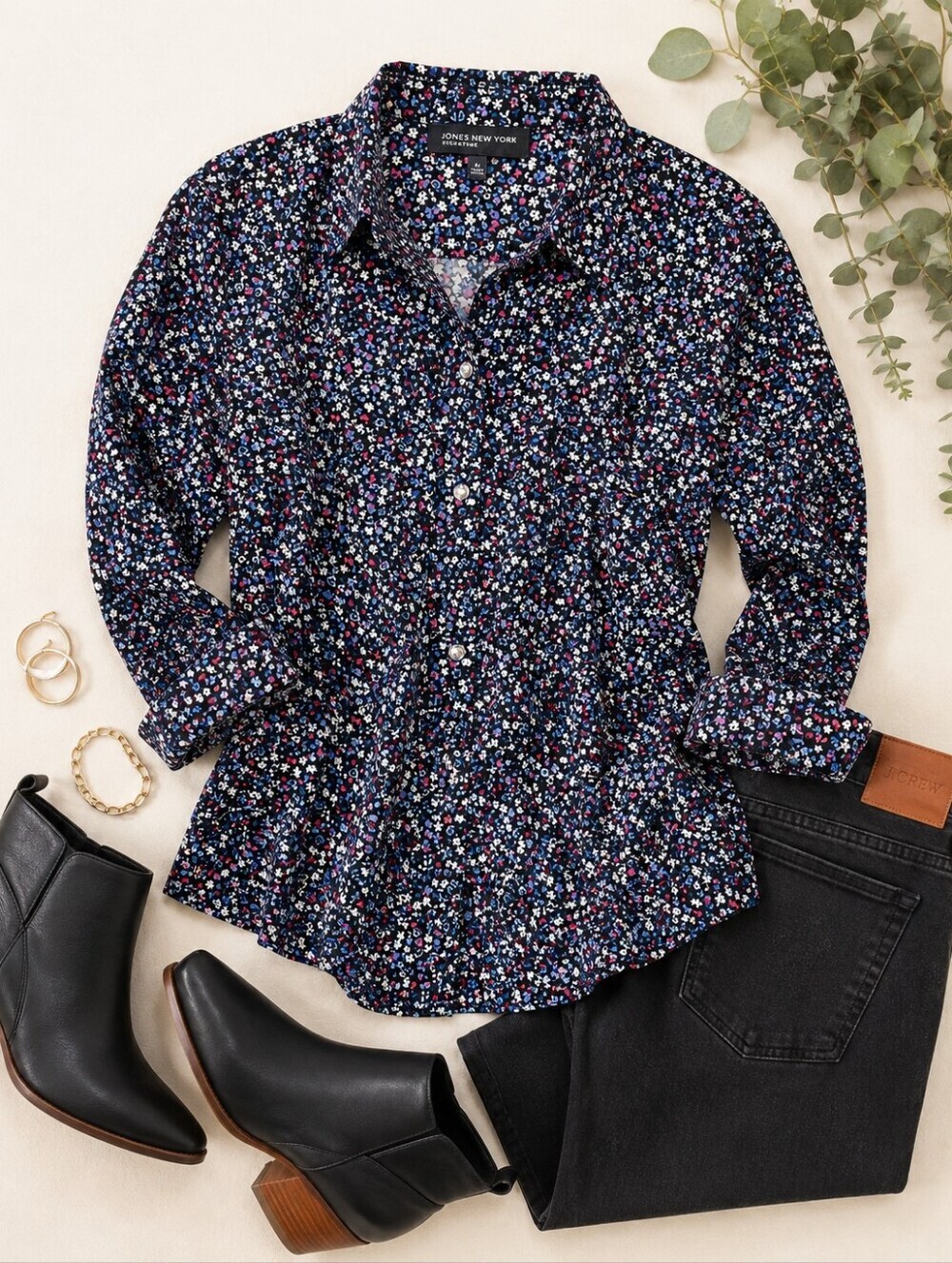 Jones New York Navy Floral Button-Front Blouse